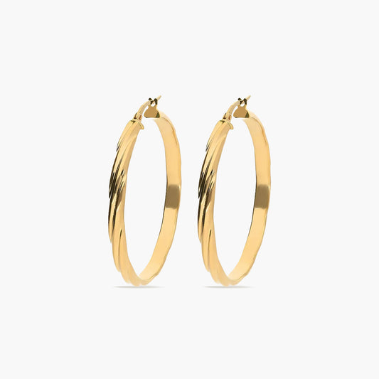 Pendientes de aro media caña rizado de oro 18K 40 mm