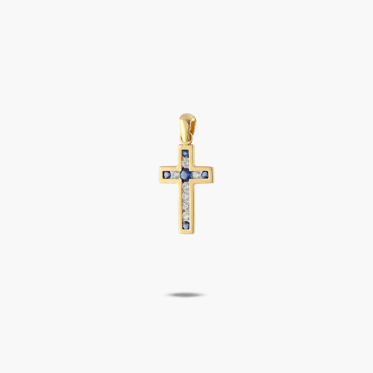 Cruz de oro 18K circonitas blanca y azul 16 mm