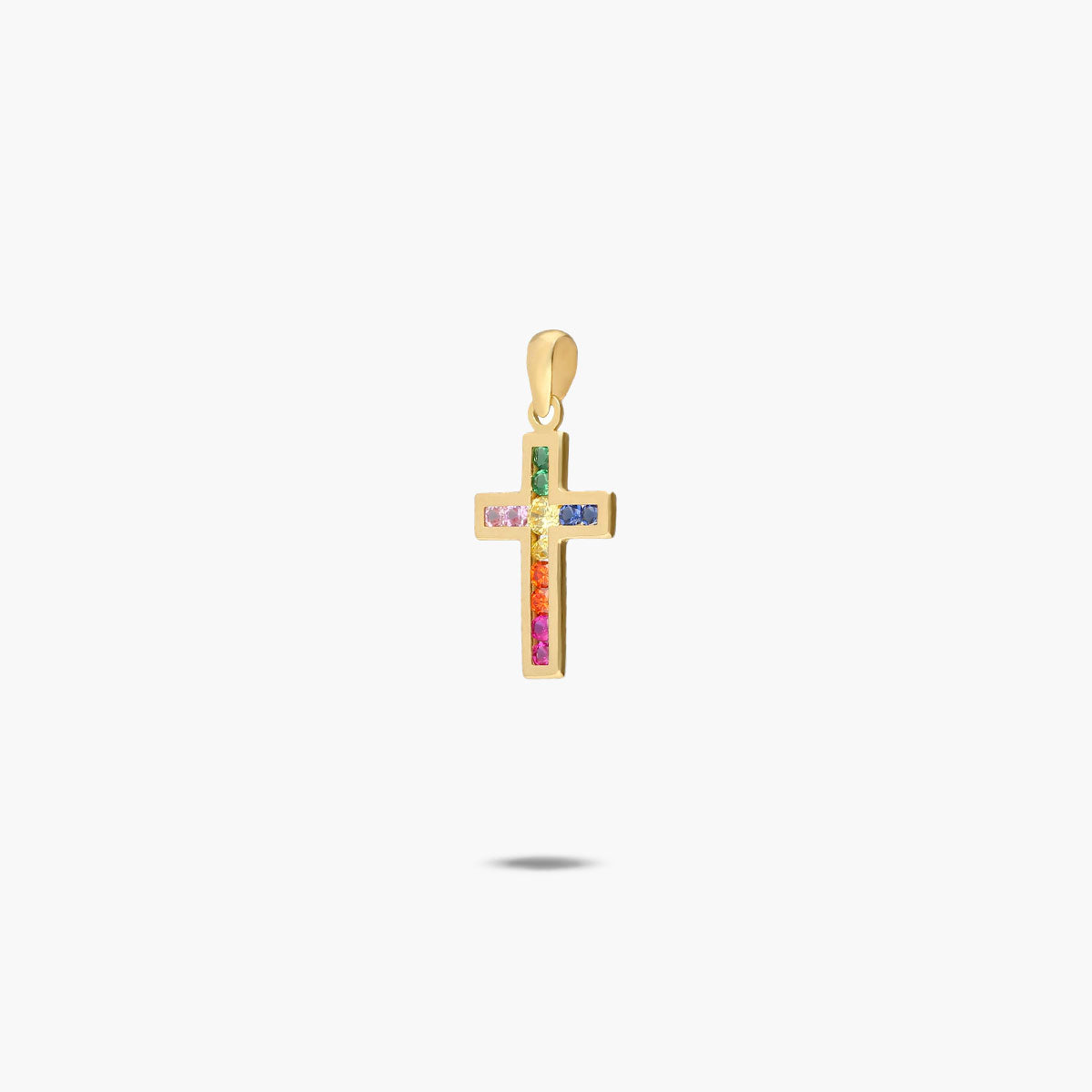 Cruz de oro 18K circonitas de colores en canal 16 mm