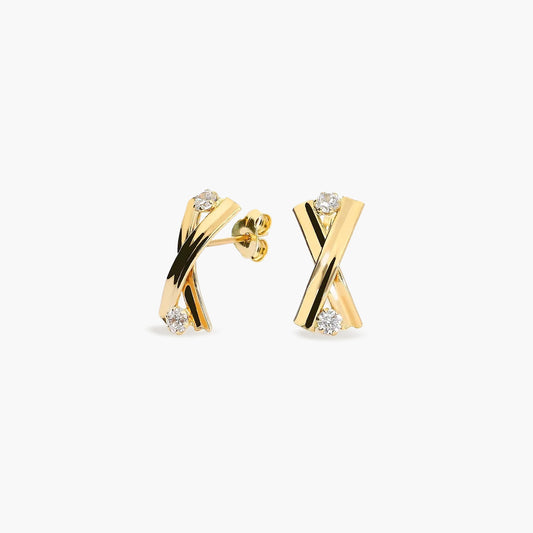 Pendientes forma X de oro 18K circonitas 15 mm