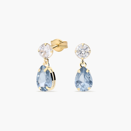 Pendientes largos de oro 18K circonitas azul y blanca 13 mm