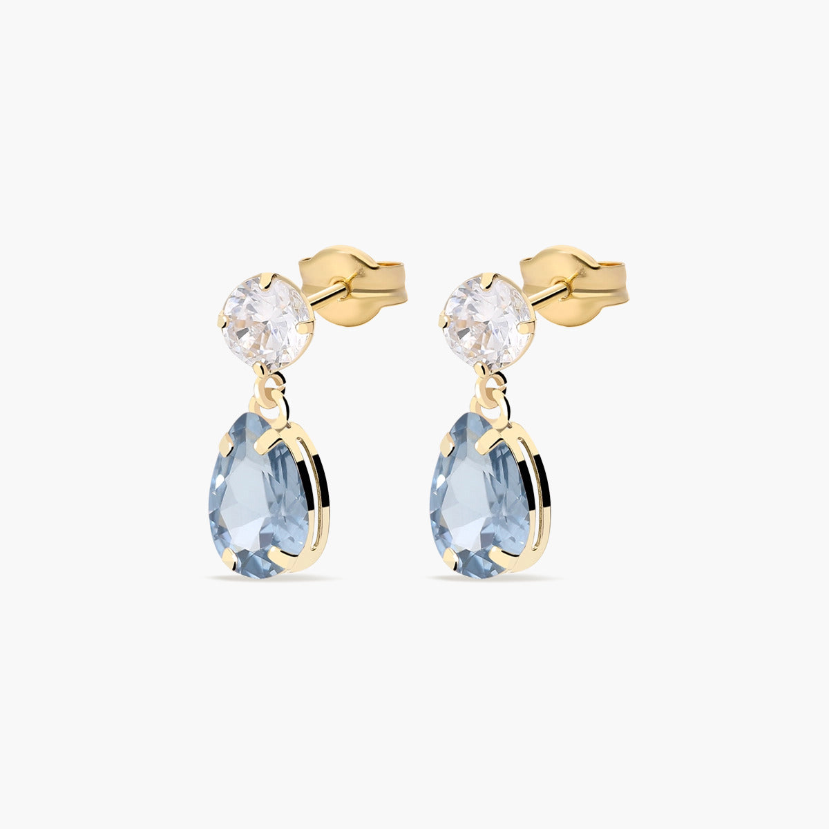 Pendientes largos de oro 18K circonitas azul y blanca 13 mm