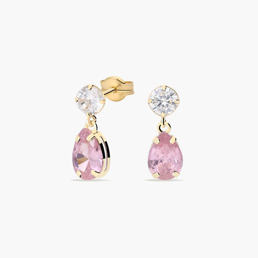 Pendientes largos de oro 18K circonitas rosa y blanca 13 mm
