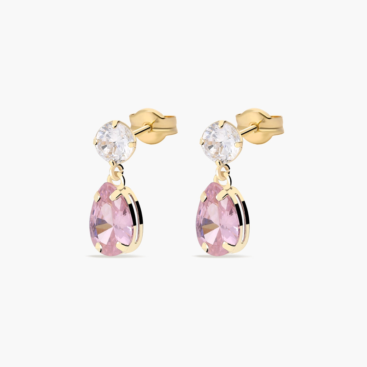 Pendientes largos de oro 18K circonitas rosa y blanca 13 mm