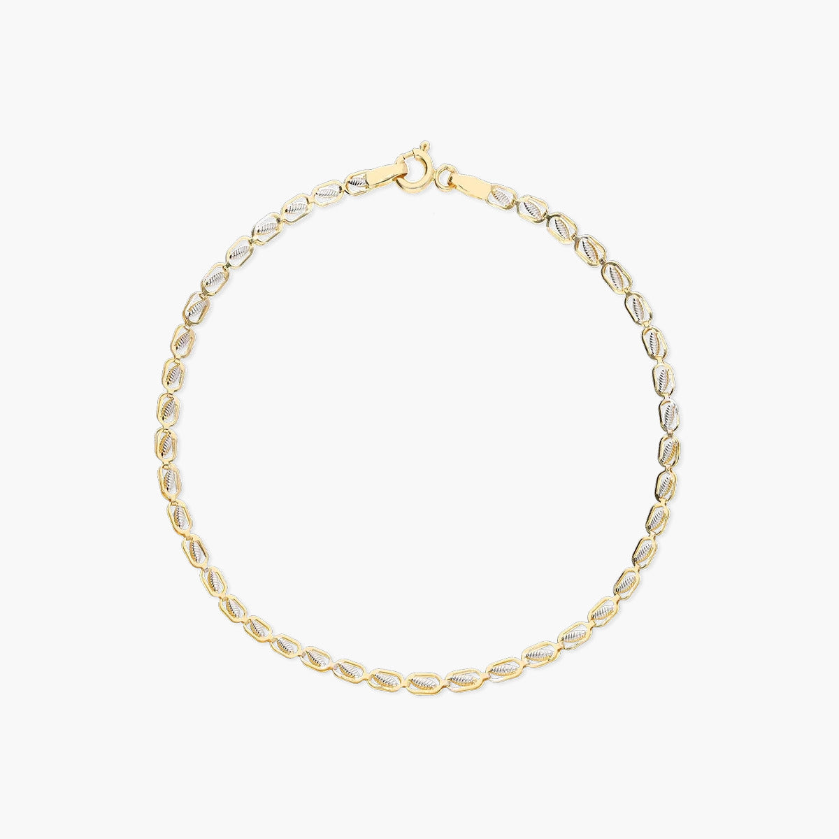 Pulsera de oro bicolor 18K eslabón centro hoja 19 cm