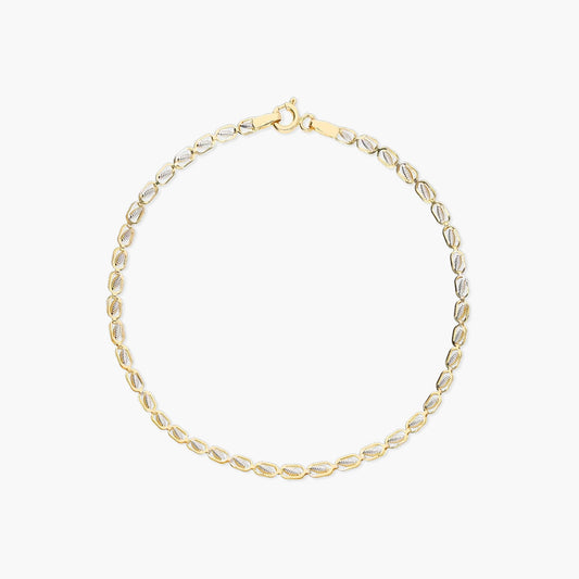 Pulsera de oro bicolor 18K eslabón centro hoja 19 cm