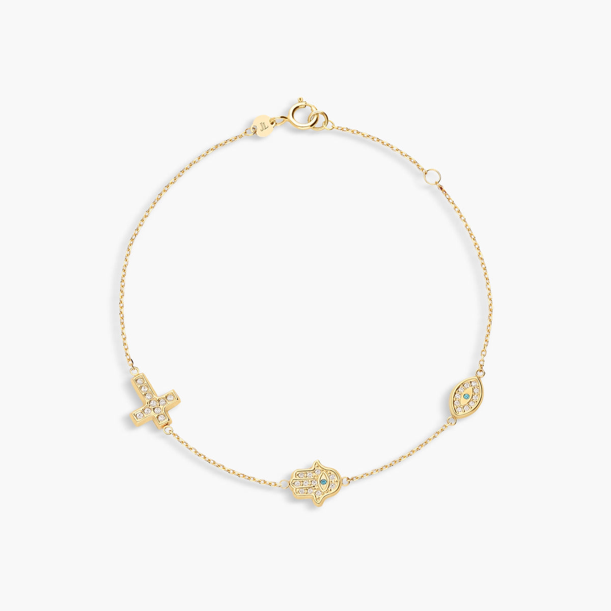 Pulsera de oro 18K circonitas con cruz, ojo de la suerte y mano de Fátima 16-18 cm