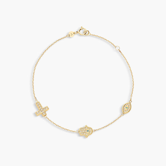 Pulsera de oro 18K circonitas con cruz, ojo de la suerte y mano de Fátima 16-18 cm