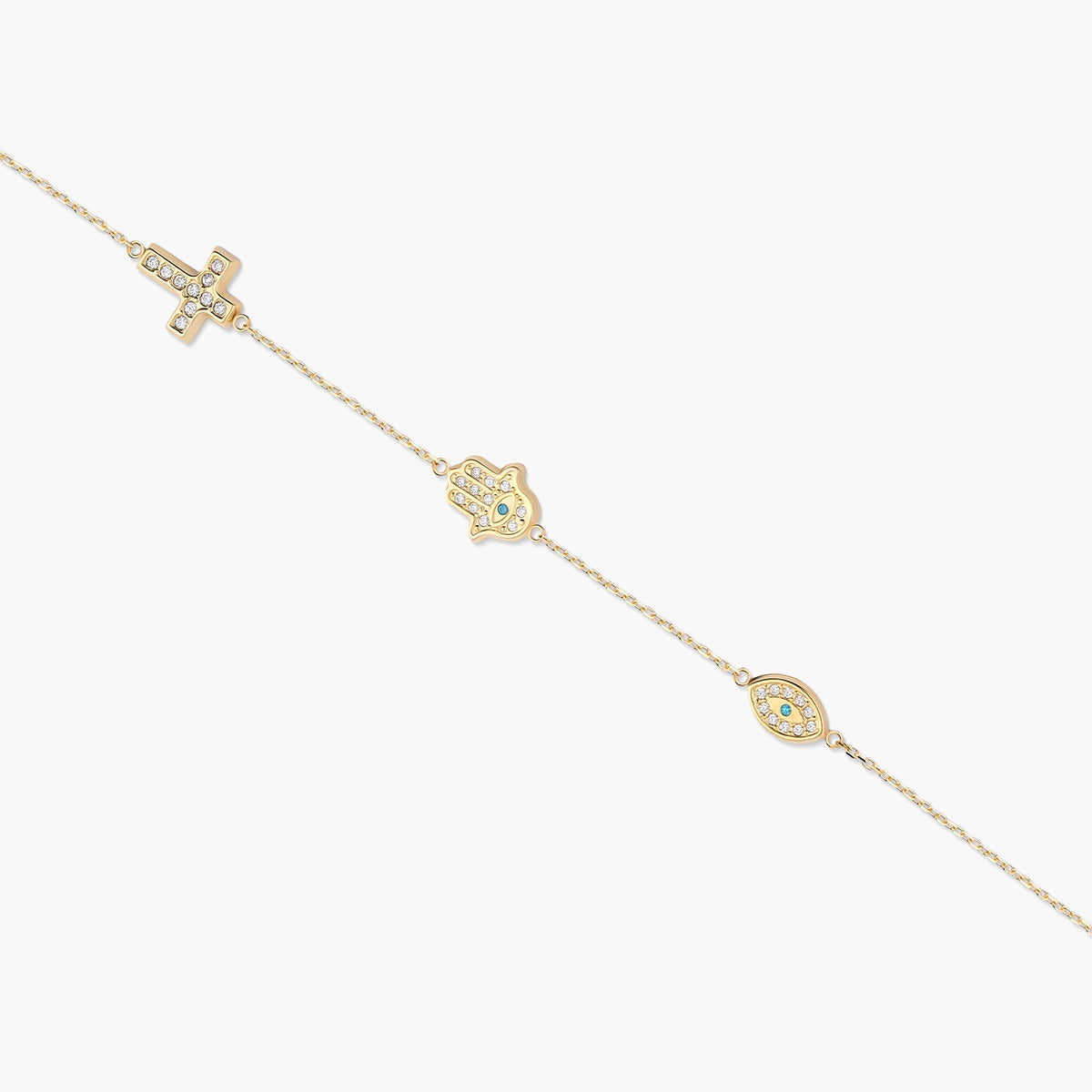 Pulsera de oro 18K circonitas con cruz, ojo de la suerte y mano de Fátima 16-18 cm