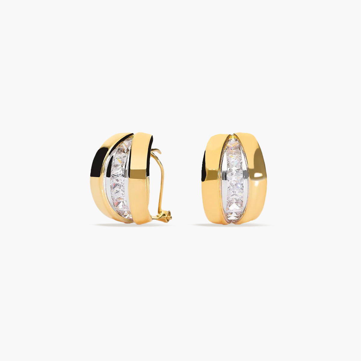 Pendientes de oro bicolor 18K bagué blanca lateral 14 mm