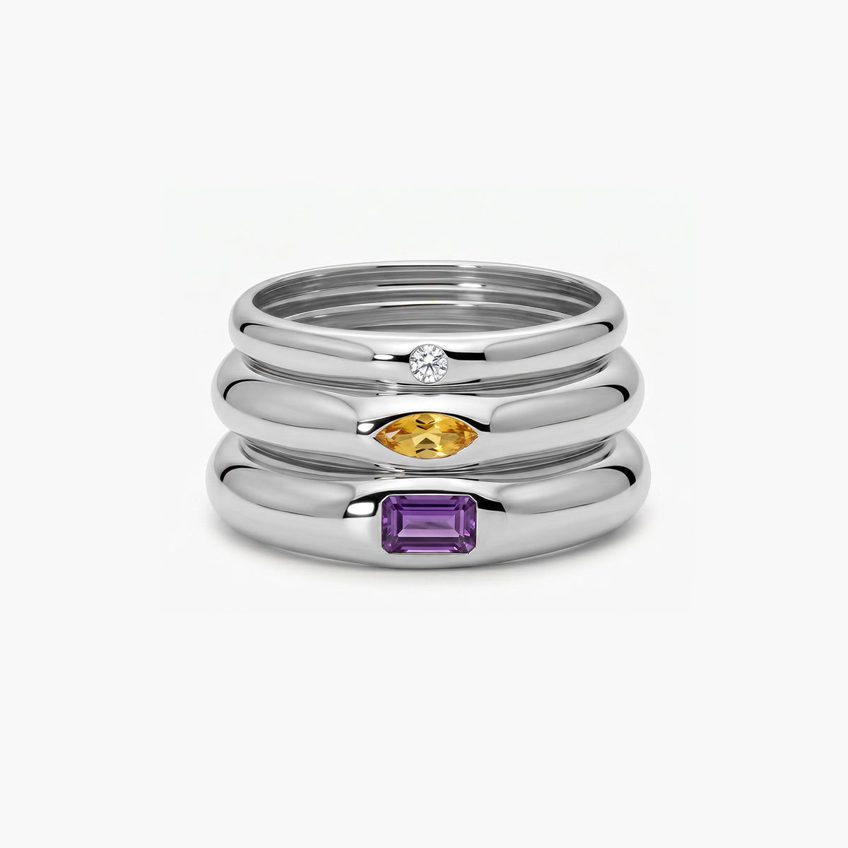 Anillo tres bandas de plata 1ª ley amatista violeta, citrino y topacio blanco MONOLITH