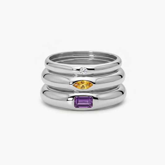 Anillo tres bandas de plata 1ª ley amatista violeta, citrino y topacio blanco MONOLITH