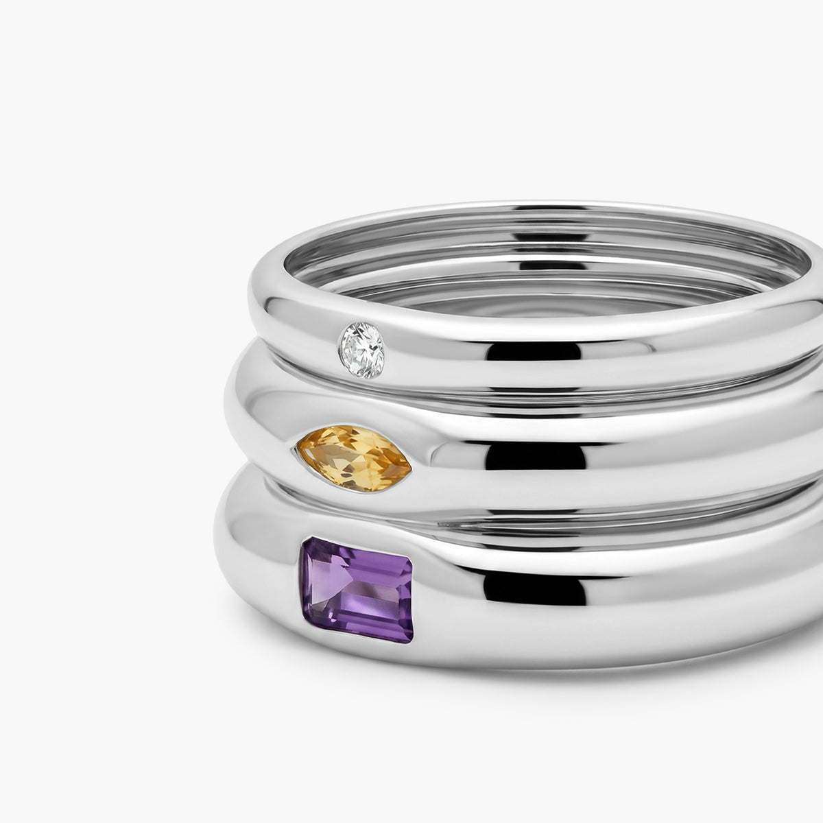 Anillo tres bandas de plata 1ª ley amatista violeta, citrino y topacio blanco MONOLITH