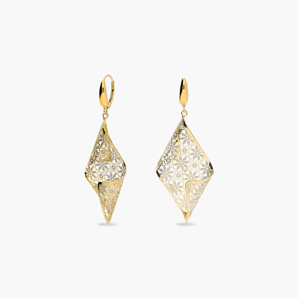 Pendientes largos rombo onda filigrana de oro bicolor 18K 60 mm