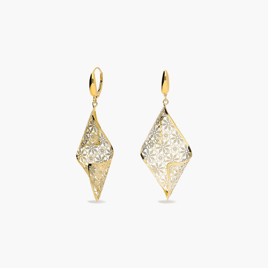 Pendientes largos rombo onda filigrana de oro bicolor 18K 60 mm