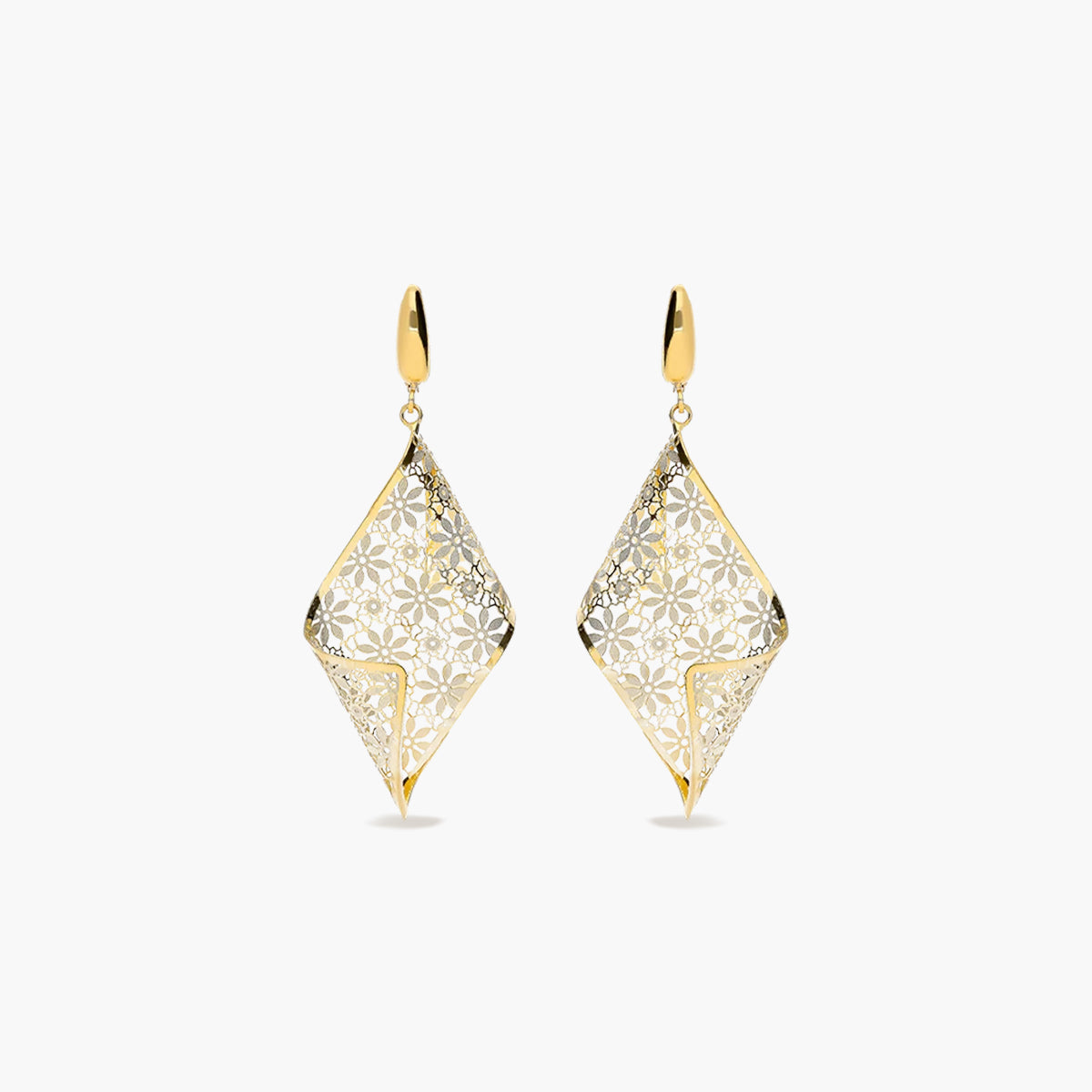 Pendientes largos rombo onda filigrana de oro bicolor 18K 60 mm