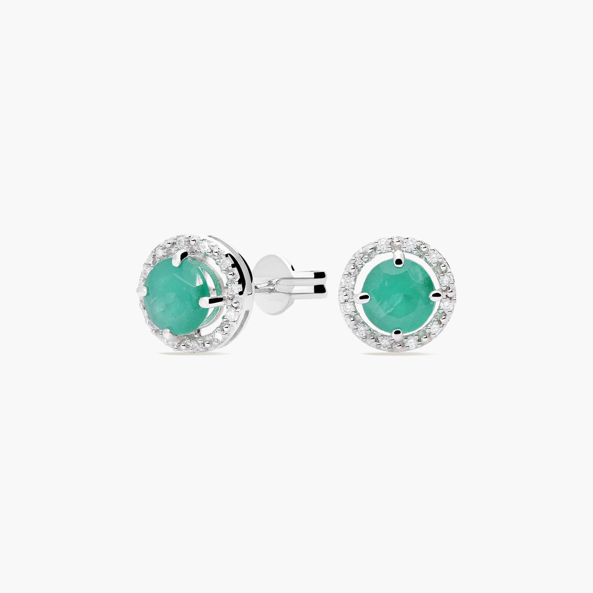 Pendientes redondos de oro blanco 18K esmeralda y circonita 5 mm