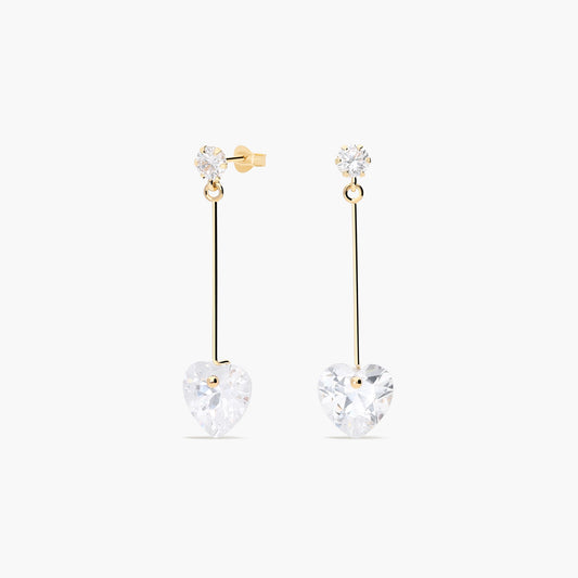 Pendientes largos corazón de oro 18K circonitas 30 mm
