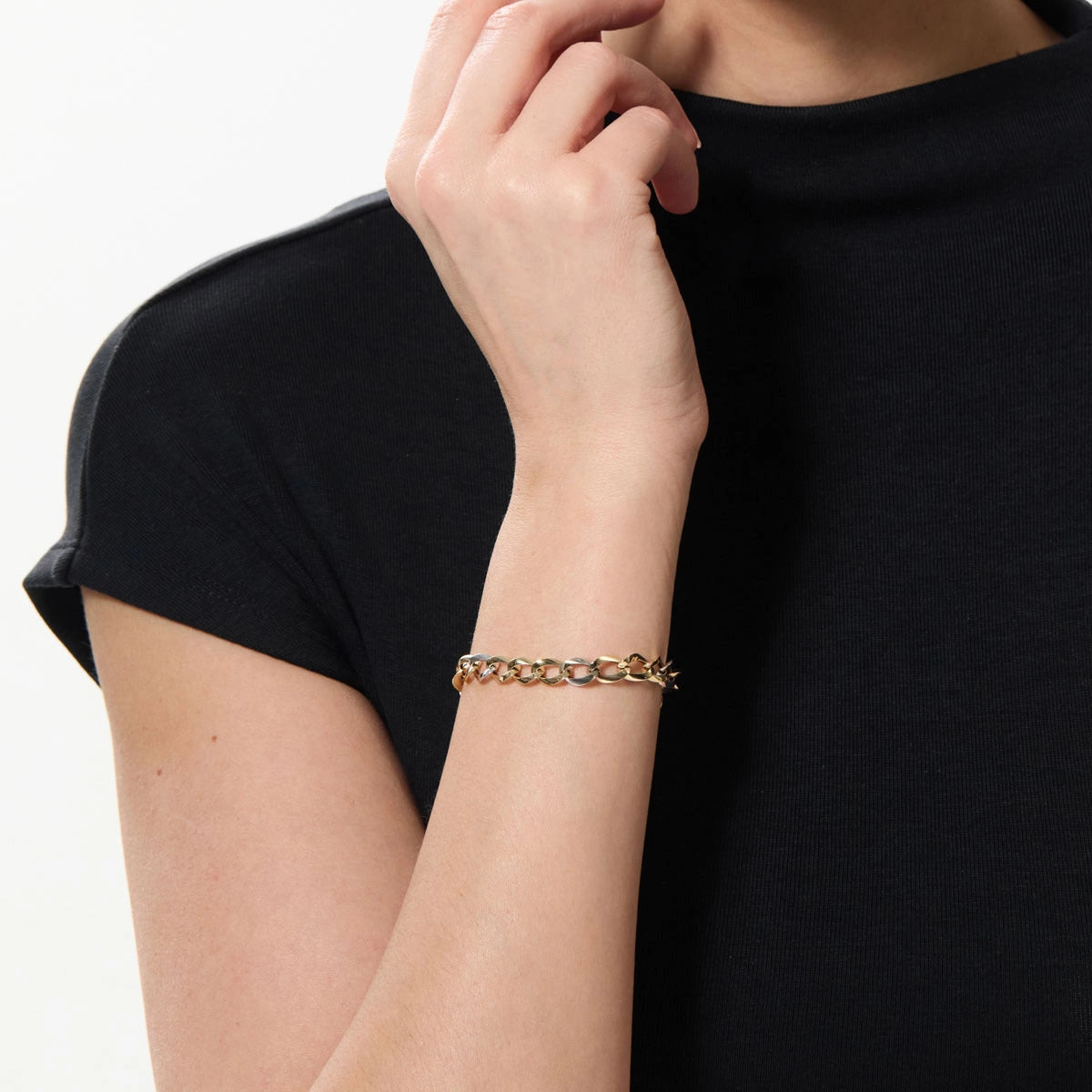 Pulsera de oro bicolor 18K eslabón anillas 19 cm