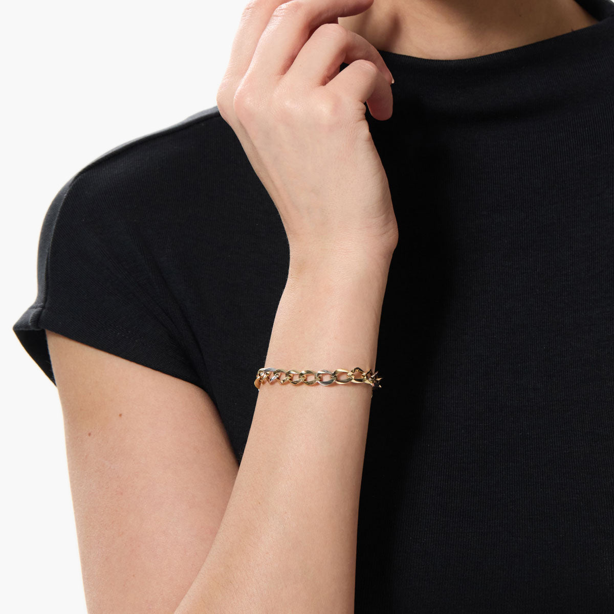 Pulsera de oro bicolor 18K eslabón anillas 19 cm