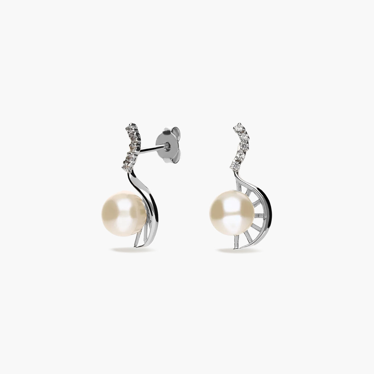 Pendientes largos de oro blanco 18K con perlas y circonitas 17 mm