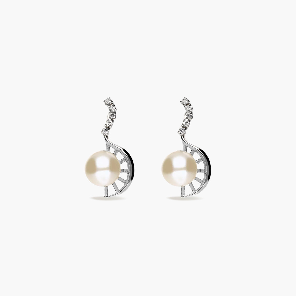 Pendientes largos de oro blanco 18K con perlas y circonitas 17 mm