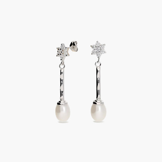 Pendientes largos estrellas de oro blanco 18K con perlas y circonitas 33 mm