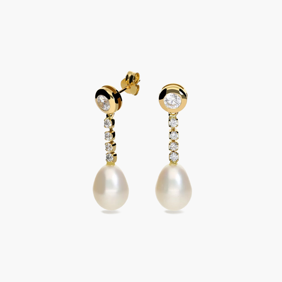 Pendientes largos de oro 18K con perlas y circonitas 30 mm