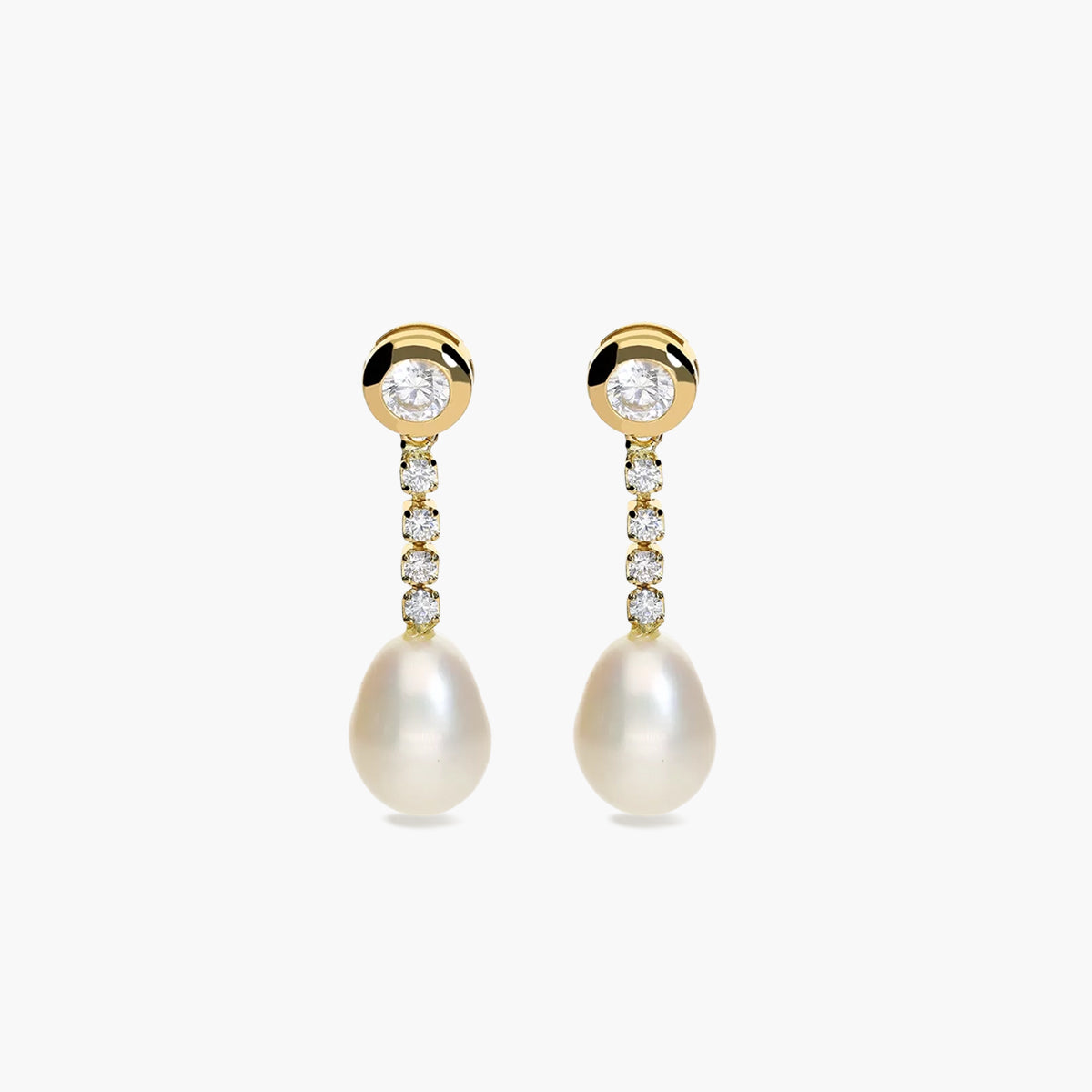 Pendientes largos de oro 18K con perlas y circonitas 30 mm