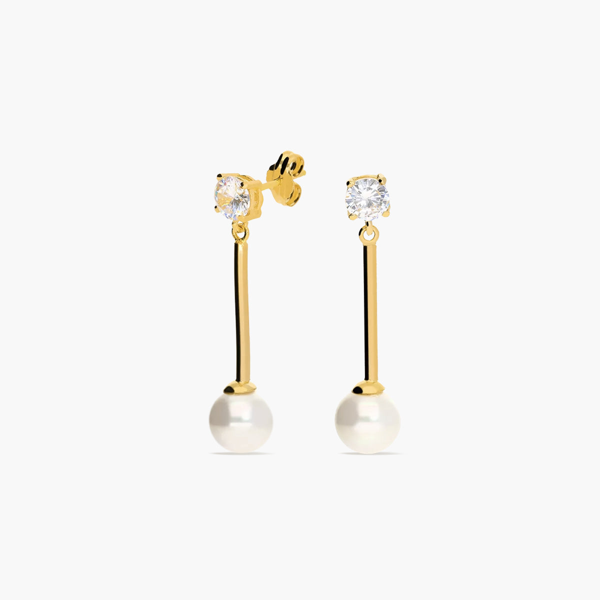 Pendientes largos de oro 18K con perlas y circonitas 30 mm