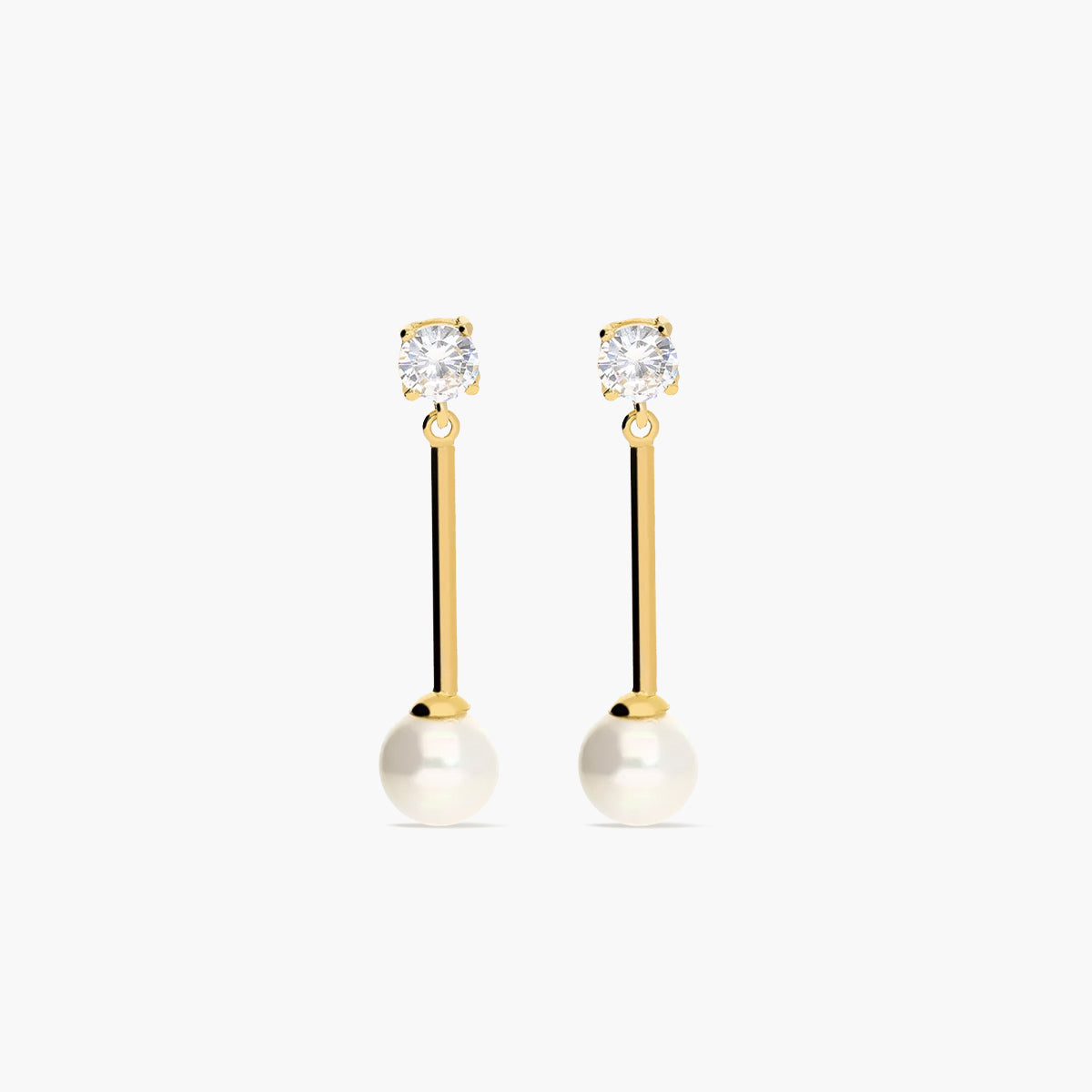 Pendientes largos de oro 18K con perlas y circonitas 30 mm