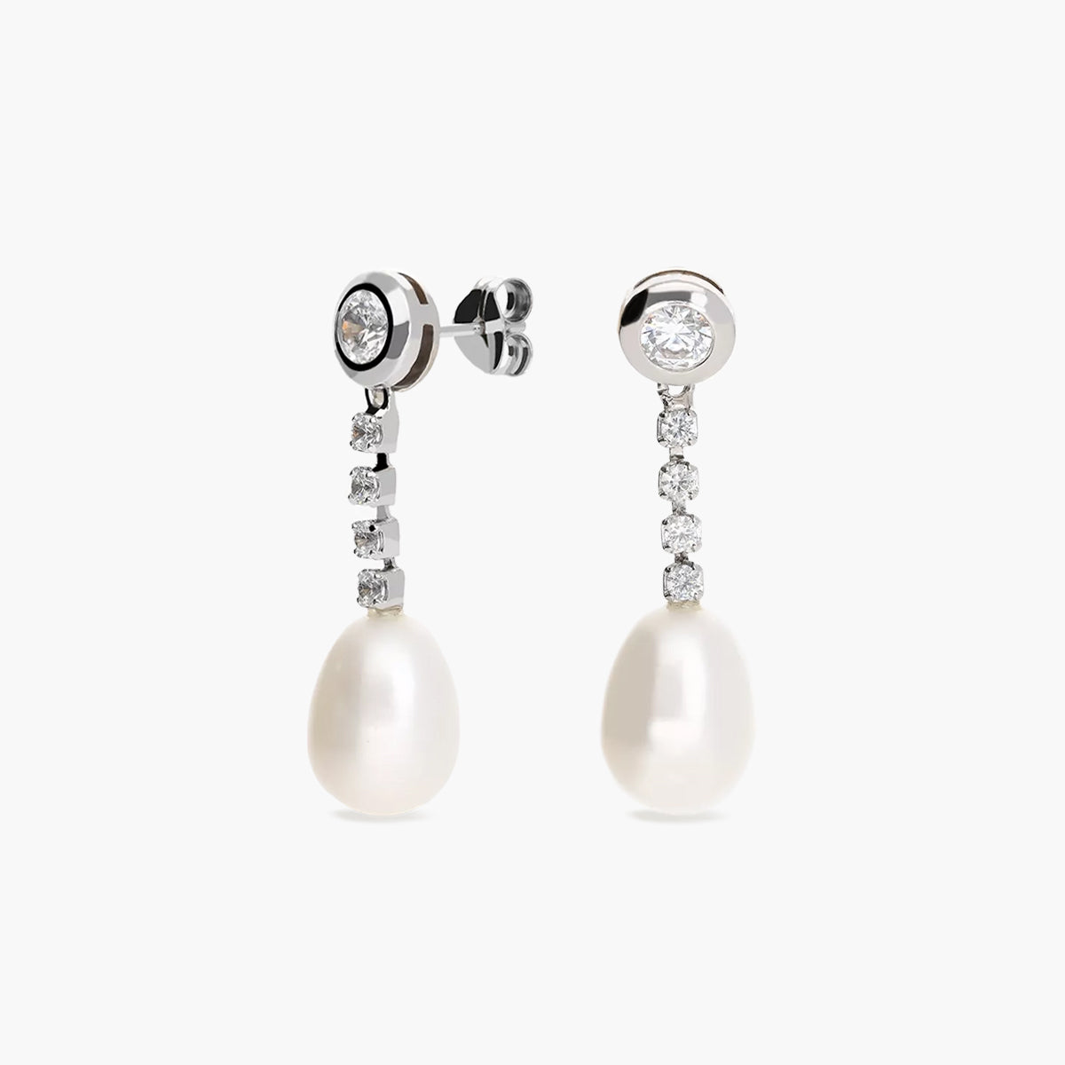 Pendientes largos de oro blanco 18K con perlas y circonitas 28 mm