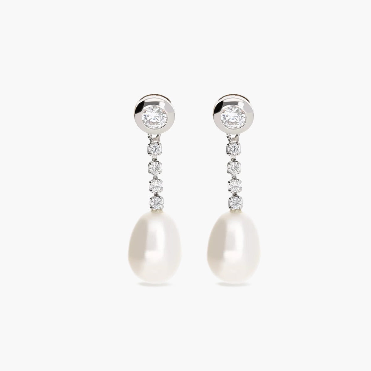 Pendientes largos de oro blanco 18K con perlas y circonitas 28 mm