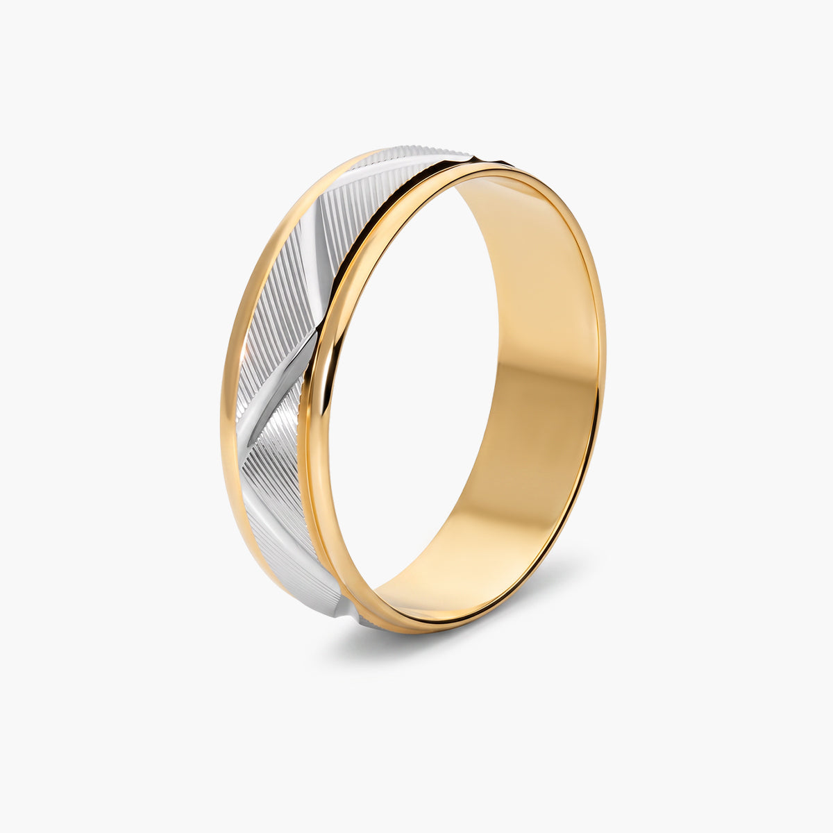 Alianza de oro bicolor 18K 5 mm acabado rayado