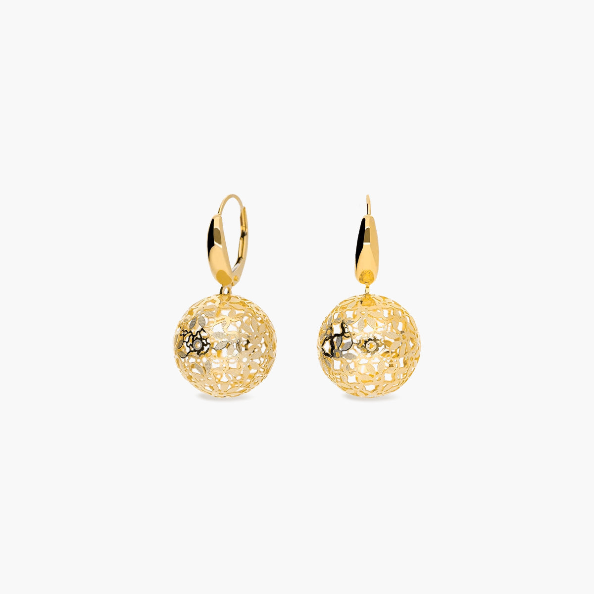 Pendientes largos bolas filigrana de oro bicolor 18K 31 mm