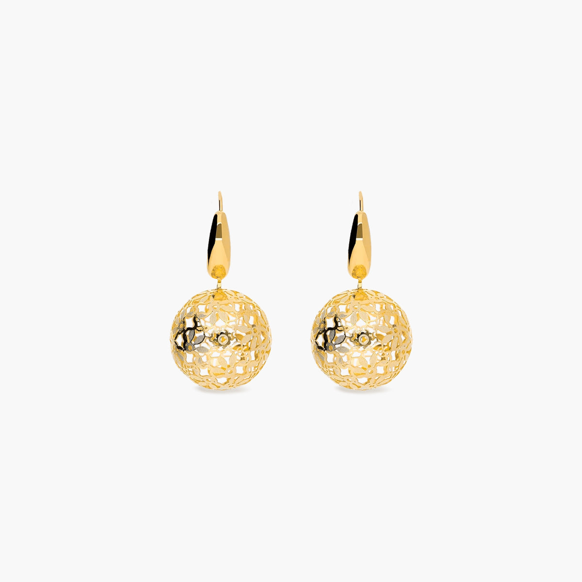 Pendientes largos bolas filigrana de oro bicolor 18K 31 mm