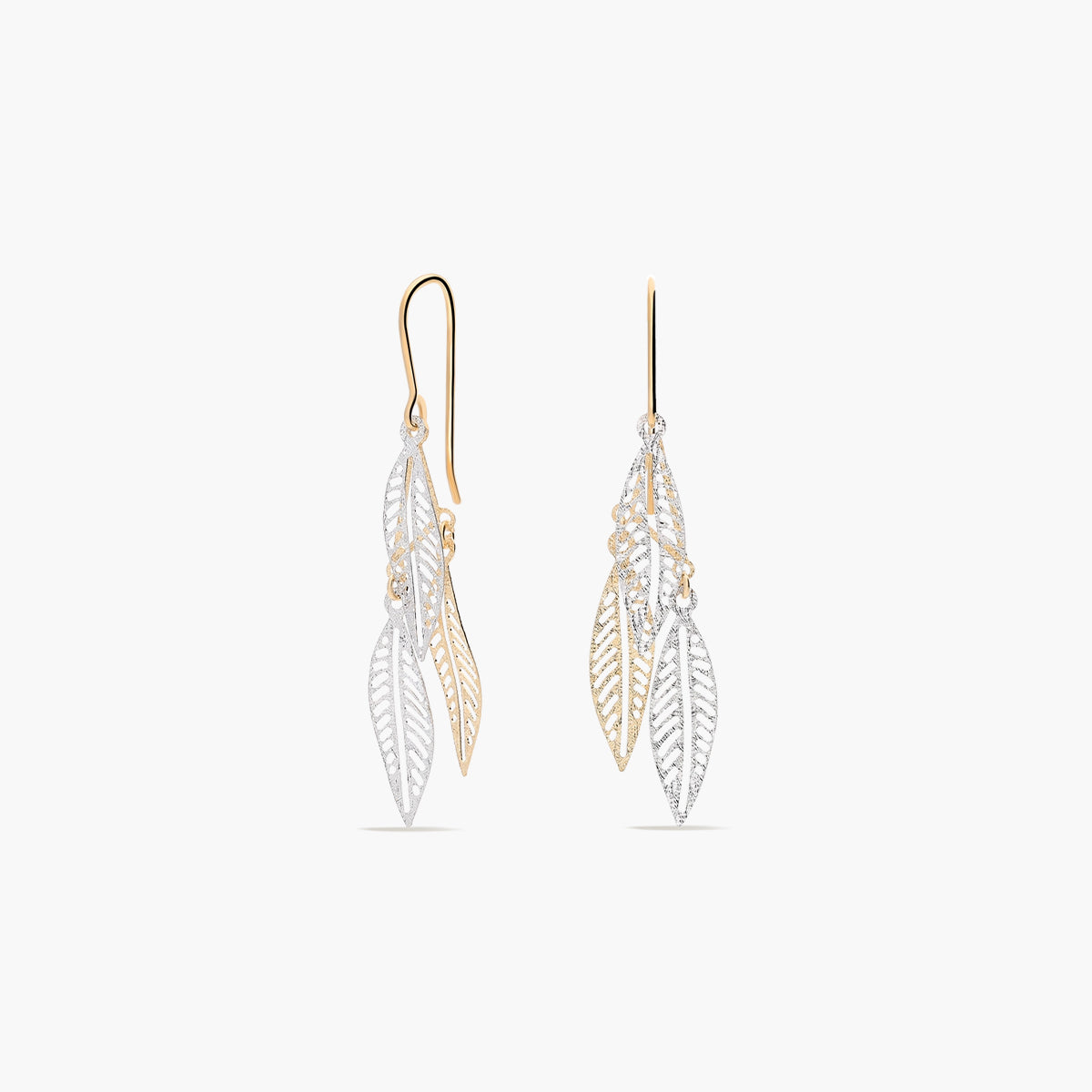 Pendientes largos hojas de oro bicolor 18K 48 mm