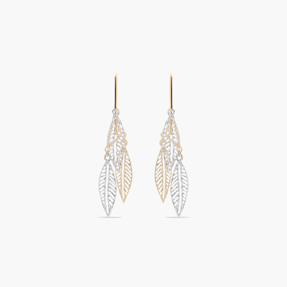 Pendientes largos hojas de oro bicolor 18K 48 mm