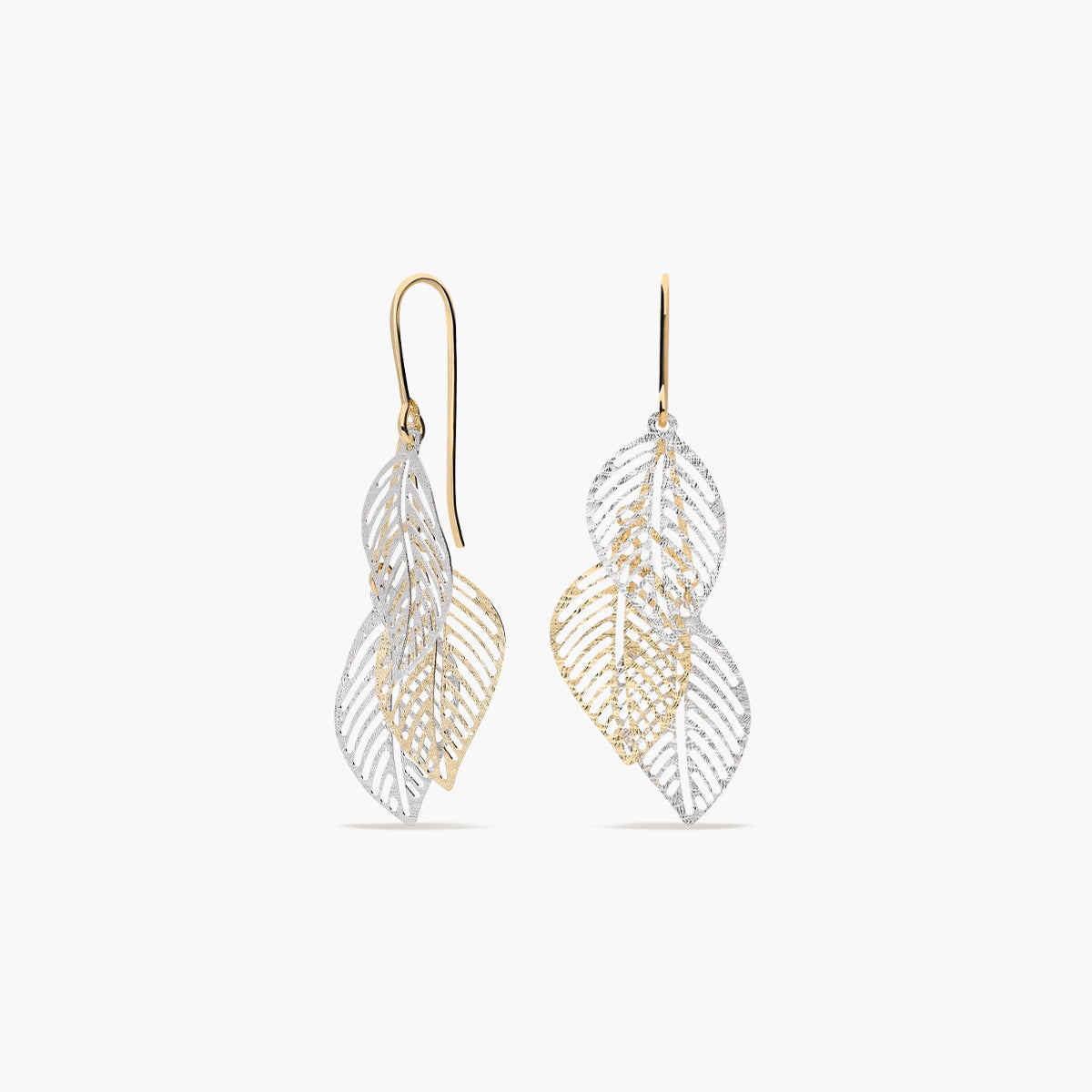 Pendientes largos hojas de oro bicolor 18K 46 mm