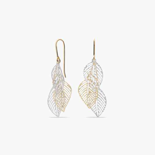 Pendientes largos hojas de oro bicolor 18K 46 mm