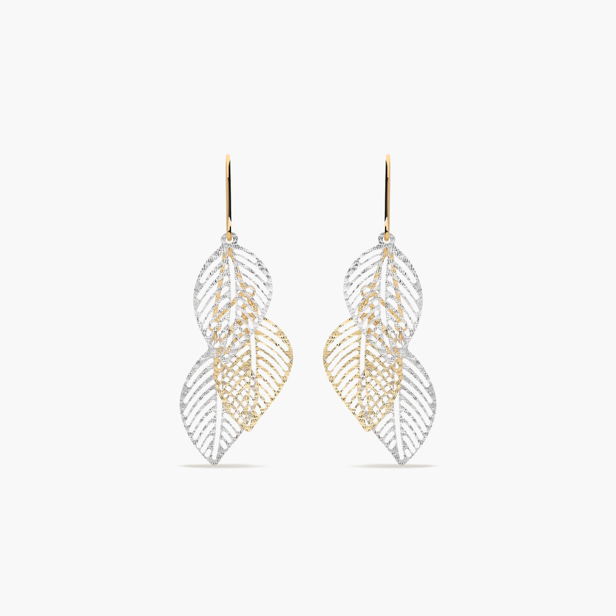 Pendientes largos hojas de oro bicolor 18K 46 mm
