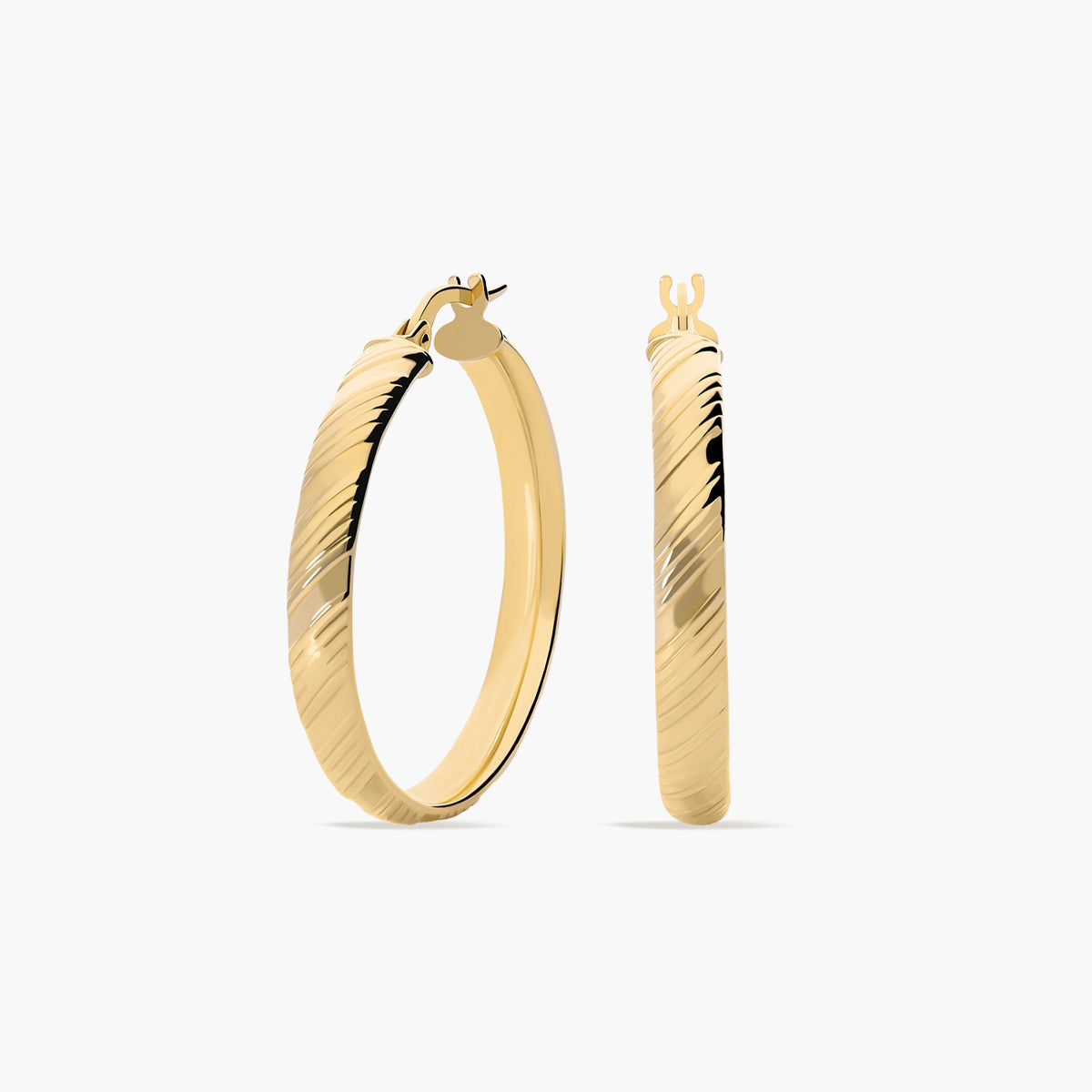 Pendientes de aro media caña rayado de oro 18K 30 mm
