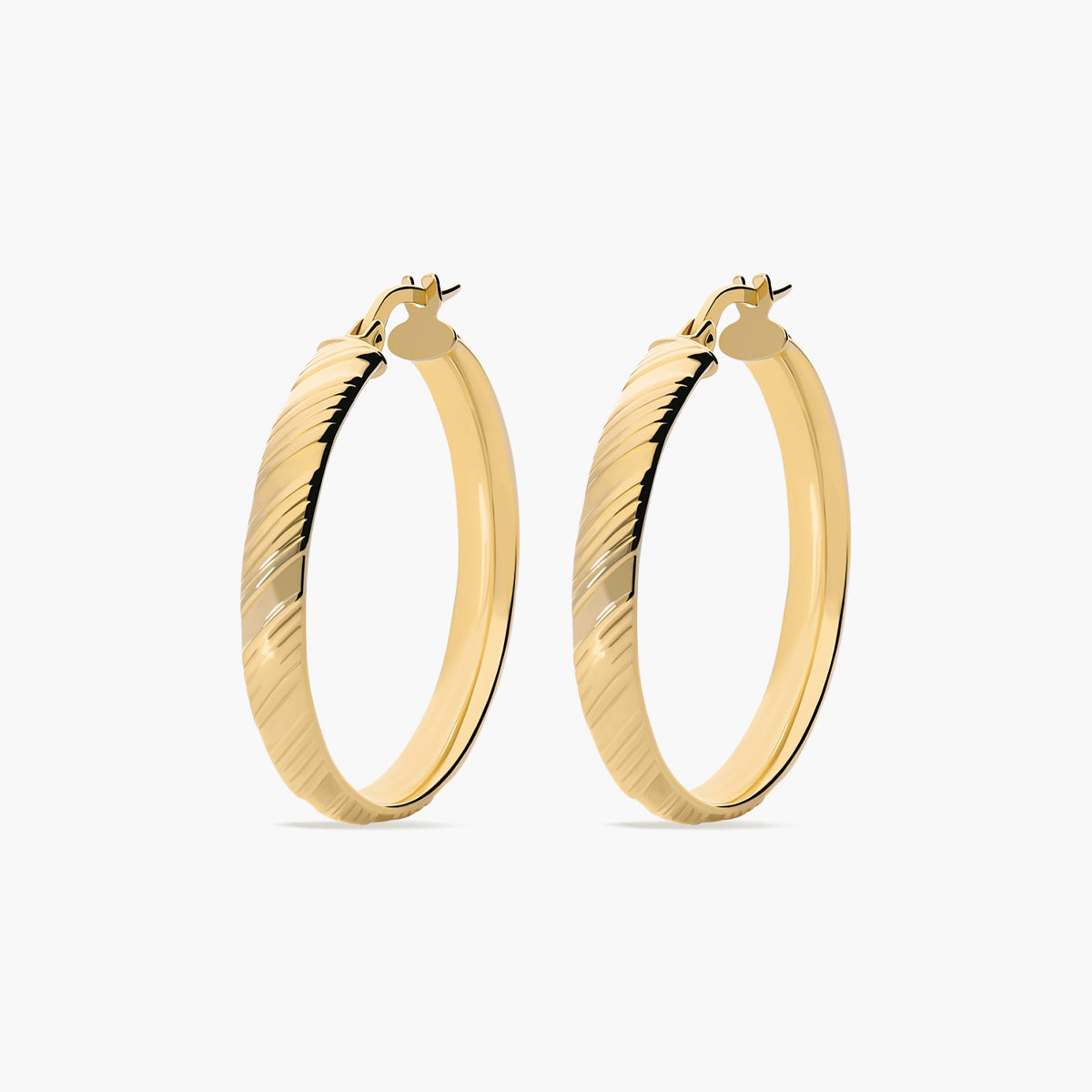 Pendientes de aro media caña rayado de oro 18K 30 mm