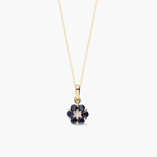Collar de oro 18K diamante natural 0.04 ct. zafiros 7 mm BLOSSOM
