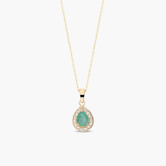 Collar de oro 18K diamante natural 0.08 ct. esmeralda 8 mm ROYAL TEAR