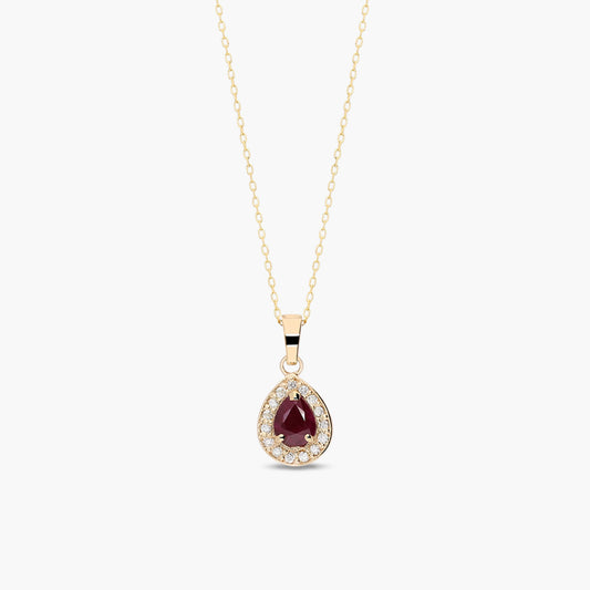 Collar de oro 18K diamante natural 0.08 ct. rubí 8 mm ROYAL TEAR