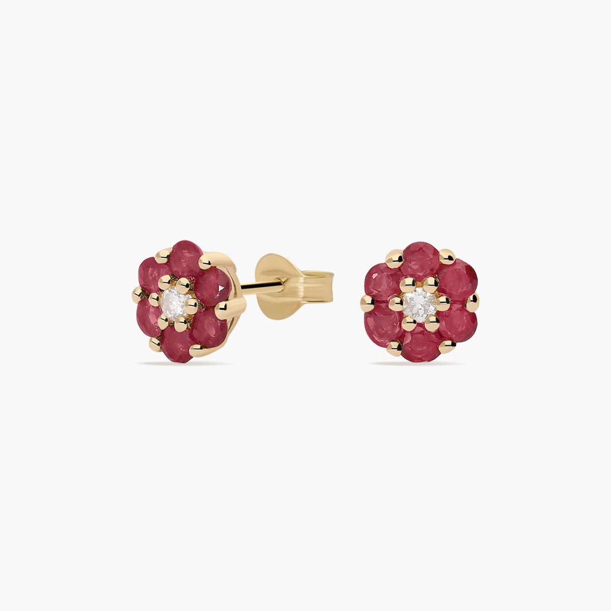 Pendientes de oro 18K diamante natural 0.07 ct. rubí 7 mm BLOSSOM