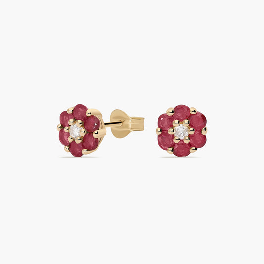 Pendientes de oro 18K diamante natural 0.07 ct. rubí 7 mm BLOSSOM
