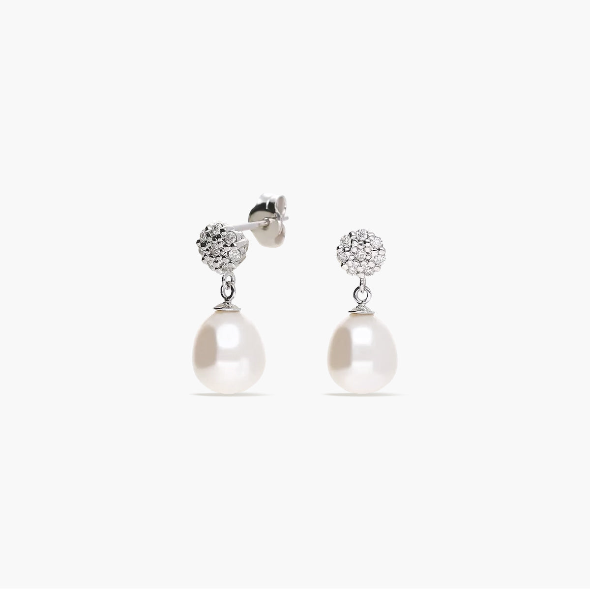 Pendientes largos de oro blanco 18K diamante natural 0.13 ct. con perlas 16 mm TREASURE