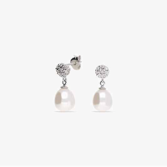 Pendientes largos de oro blanco 18K diamante natural 0.13 ct. con perlas 16 mm TREASURE